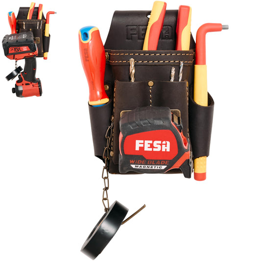 Small Electrician's Tool Pouch - Leather 7-in-1 Small Tool Pouch with Steel Tape Measure or Drill Clip, Tape T-Chain & 5 Pockets - Clip On Any Belt - Handcrafted - Brown