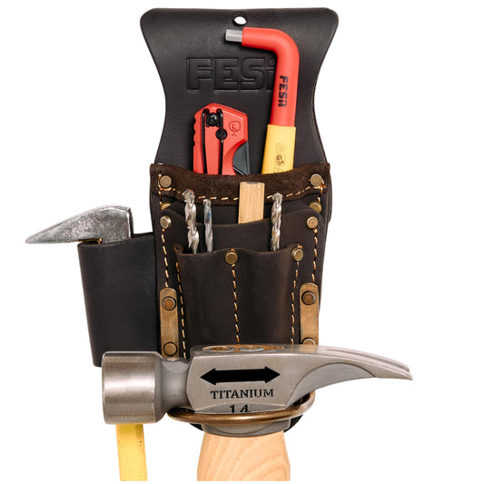 Tool Belt Hammer Holder - Leather Multitool, Pliers & Hammer Holster with Pockets for Drill Bits or Markers - Heavy Duty Small Tool Pouch for Carpenters - Clip On Any Belt - Handcrafted - Brown