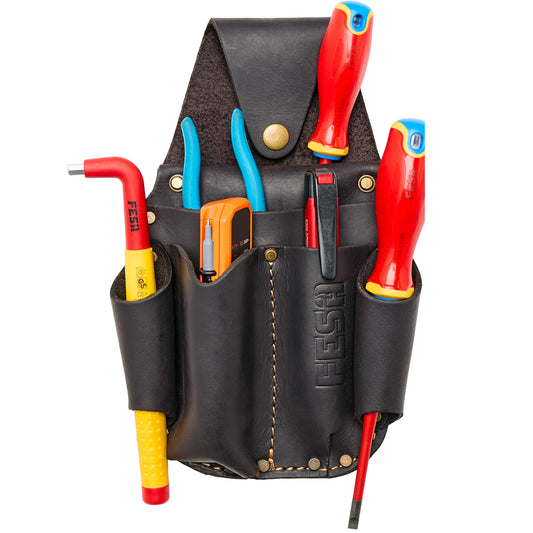 Leather Electrician Tool Pouch - Pocket Caddy Clip On Tool Pouch with Voltage Test Meter Pocket & 5 Other Compartments - Easy On & Off - Fits Belts up to 3" Wide - Handcrafted - Brown