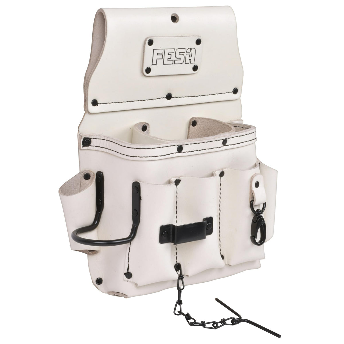 Leather Electrician Tool Pouch - 13-in-1 Top Grain Leather Electrician Pouch w/ Steel Hammer Loop, Tape Measure Clip, Tape T-Chain & 6 Pockets - Fits Belts up to 3" - Handcrafted - White / Standard