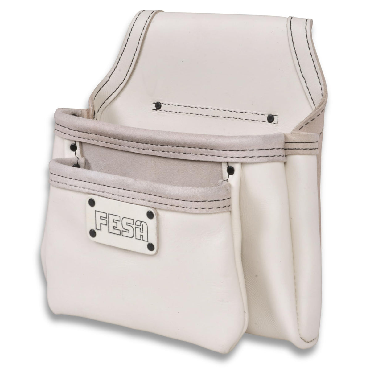 2 Pocket Nail Pouch for Tool Belts - Leather Screw Pouch with 2 Extra Large Pockets for Fasteners - Heavy Duty Rivets & Stitching - Fits Tool Belts up to 3" - Handcrafted - White