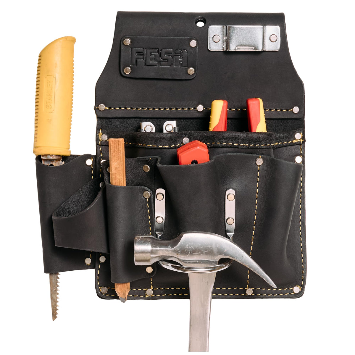 Leather Drywaller's Tool Pouch - 10-in-1 Heavy Top Grain Leather Drywall Pouch with Steel Hammer Loop & Tape Measure Clip - Leather Tool Pouch Fits Belts up to 3" - Handcrafted - Black