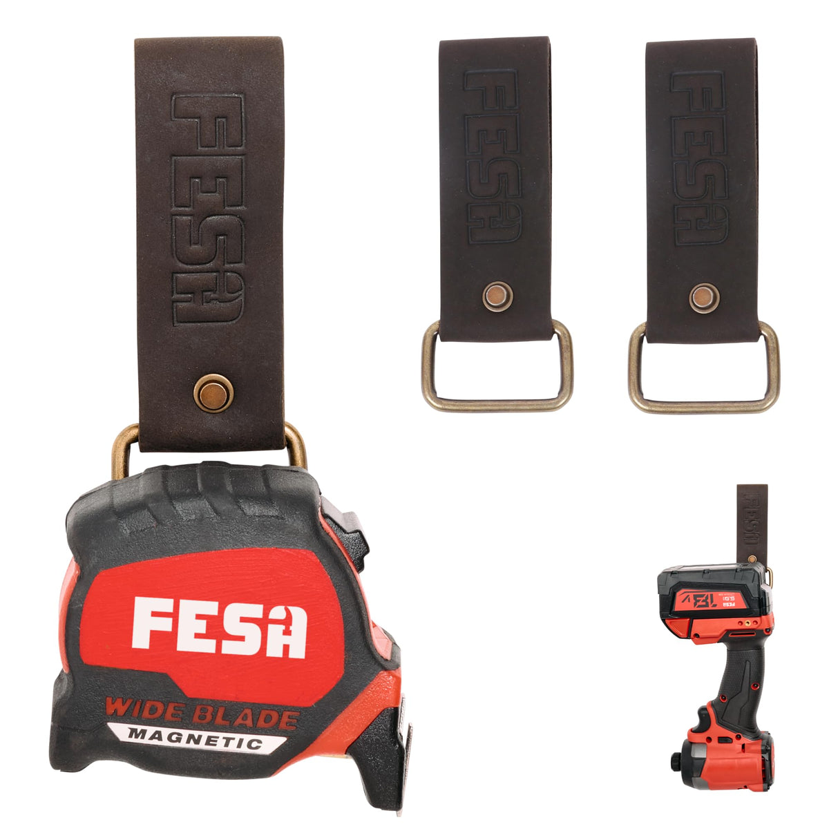 Leather Tape Measure Holder for Belt - Steel Clip - Brown / 2 Pack