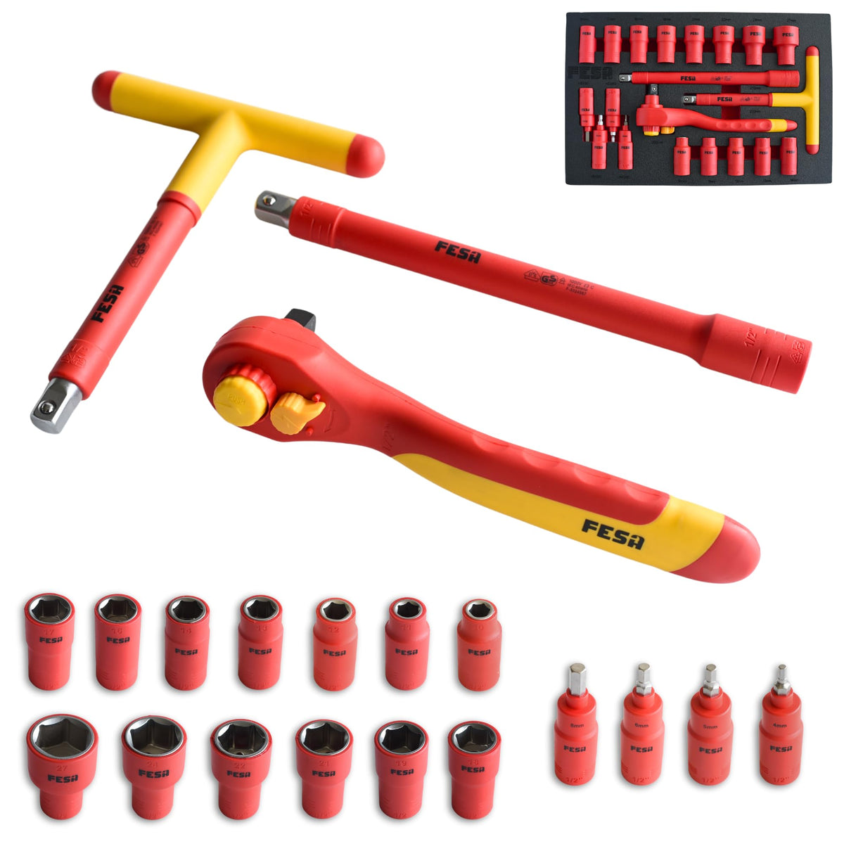 1000V Insulated Electrician Socket and Ratchet Set - 20 Pieces - 1/2" / Bag