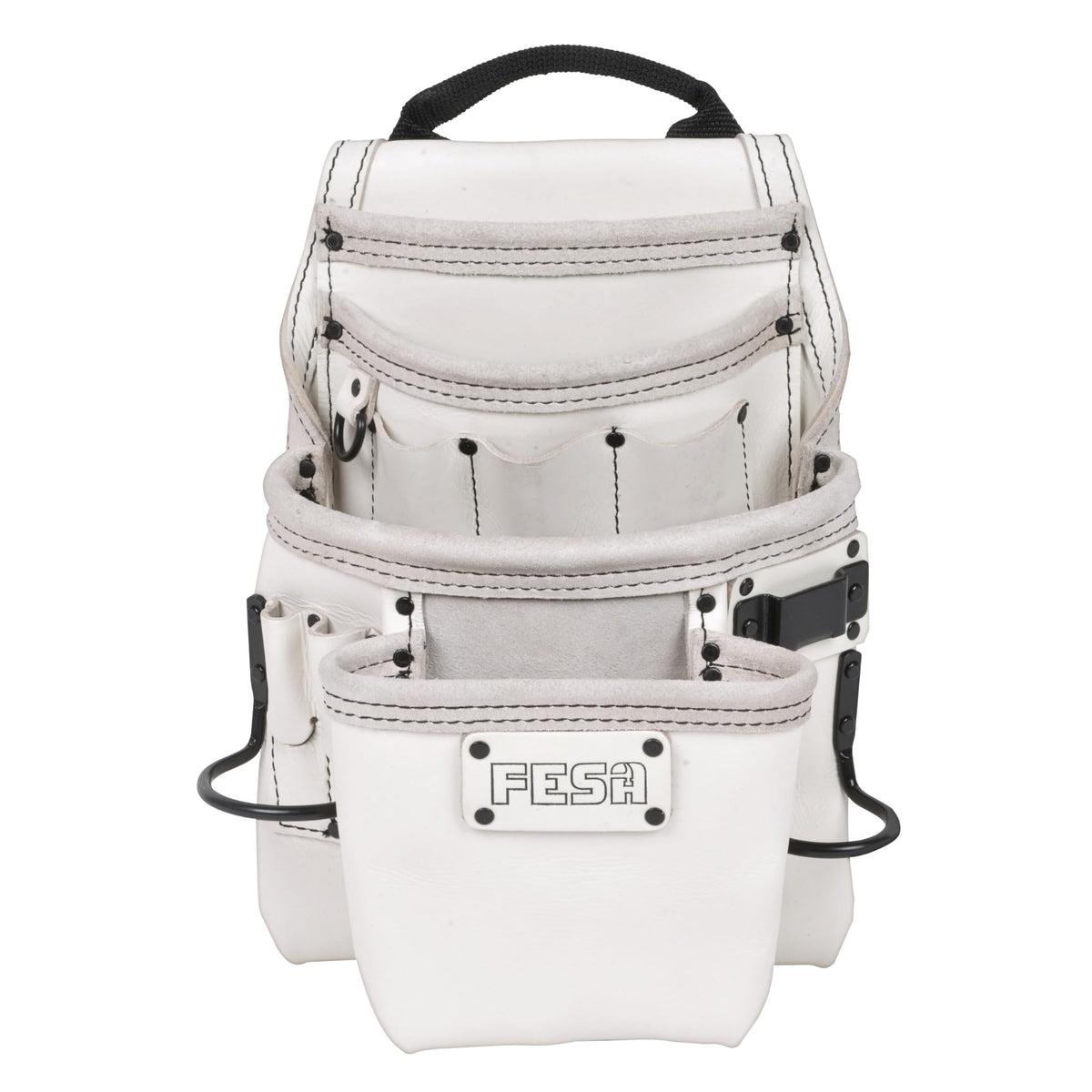 Leather Carpenter Tool Pouch - 10-Pocket Top Grain Leather - White / With Tape Clip