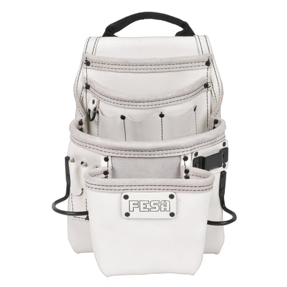 Leather Carpenter Tool Pouch - 10-Pocket Top Grain Leather - White / With Tape Clip
