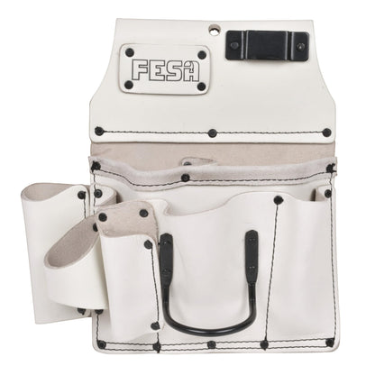 Leather Drywaller's Tool Pouch - 10-in-1 Heavy Top Grain Leather Drywall Pouch with Steel Hammer Loop & Tape Measure Clip - Leather Tool Pouch Fits Belts up to 3" - Handcrafted - White