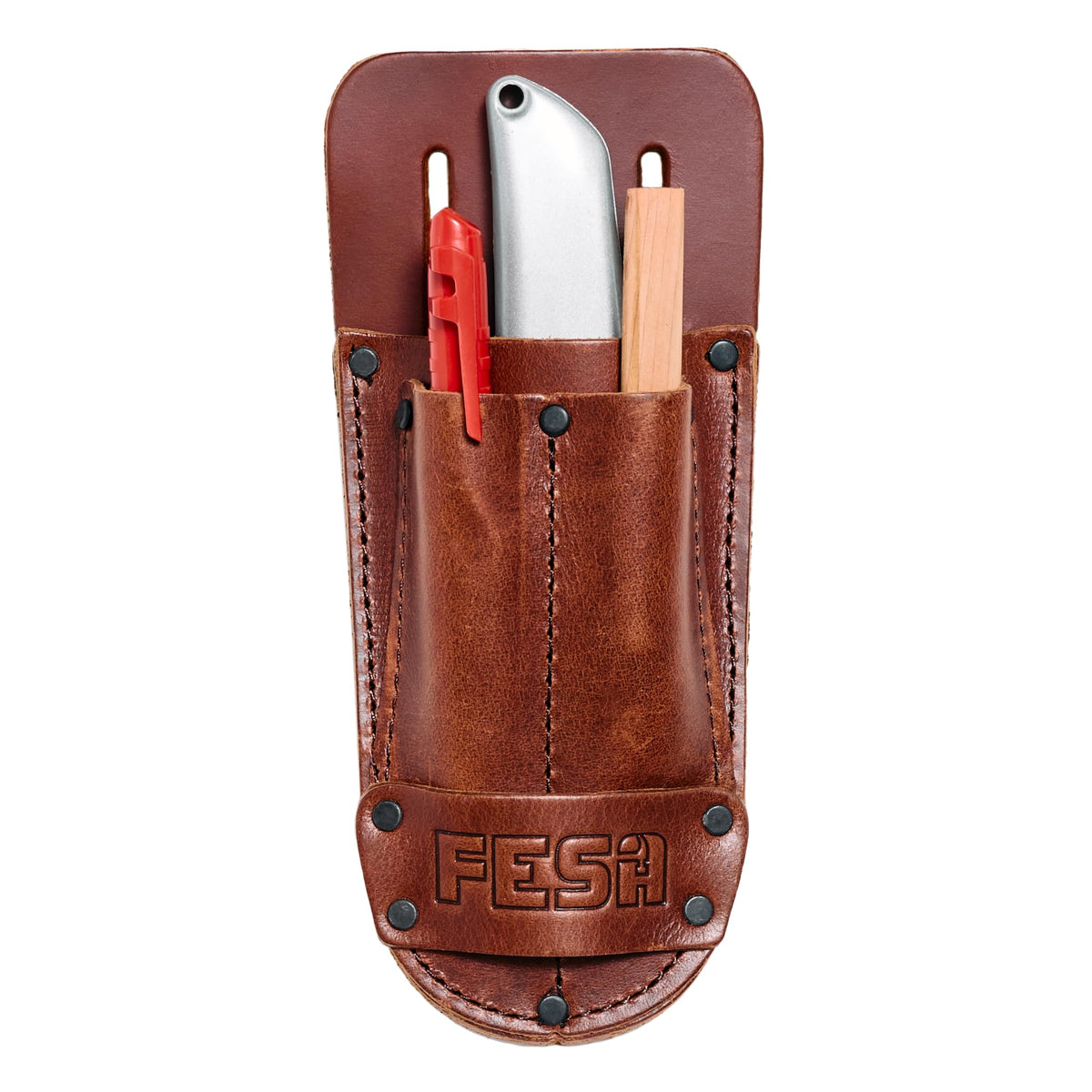 Leather Utility Knife Pouch - Top Grain Leather Knife Pouch for Belt with 2 Pen/Pencil Pockets & Heavy Duty Reinforced Rivets - Fits Belts up to 2" - Handcrafted - Cherry