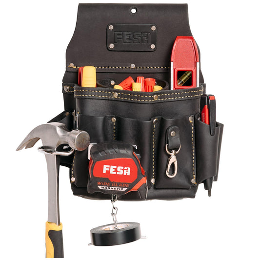Leather Electrician Tool Pouch - 13-in-1 Top Grain Leather Electrician Pouch w/ Steel Hammer Loop, Tape Measure Clip, Tape T-Chain & 6 Pockets - Fits Belts up to 3" - Handcrafted - Black / Standard