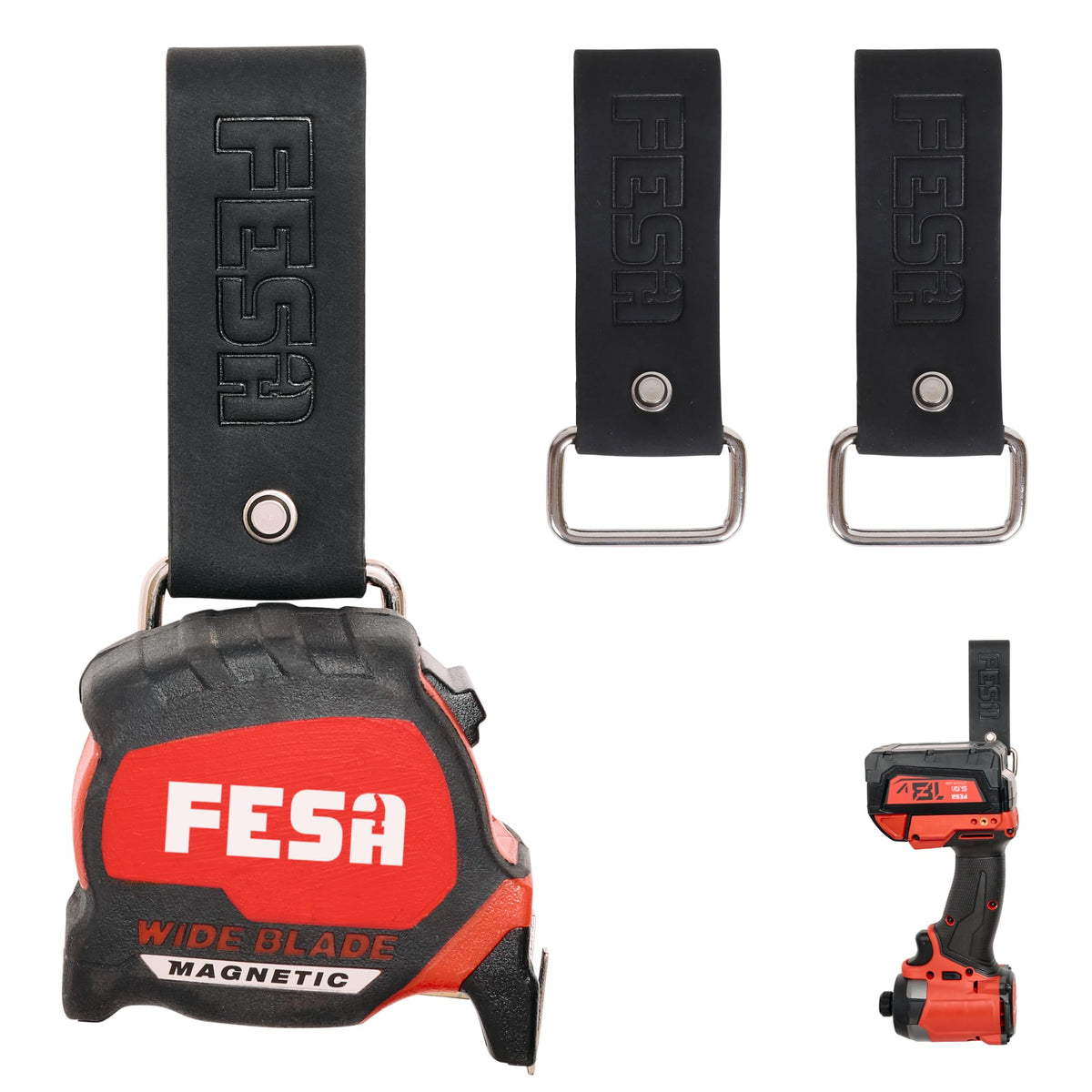 Leather Tape Measure Holder for Belt - Steel Clip - Black / 2 Pack