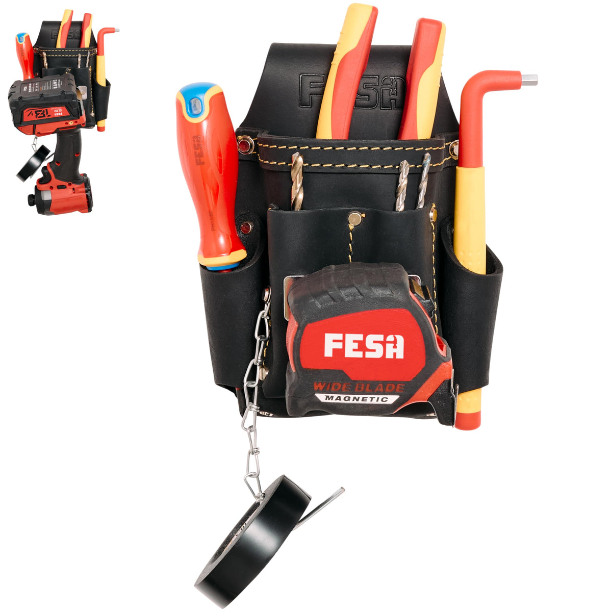 Small Electrician's Tool Pouch - Leather 7-in-1 Small Tool Pouch with Steel Tape Measure or Drill Clip, Tape T-Chain & 5 Pockets - Clip On Any Belt - Handcrafted - Black