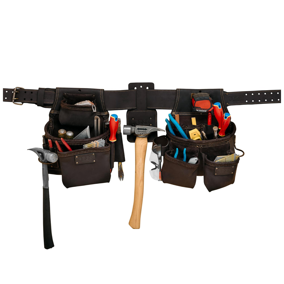 Leather Tool Belt for Men with Framers & Fastener Pouches, Hammer Holder & 3"-Wide Tool Belt (Adjustable 34"-44") - 4-Piece Carpenter Rig with 22 Pockets & Attachment Points - Handcrafted - Brown