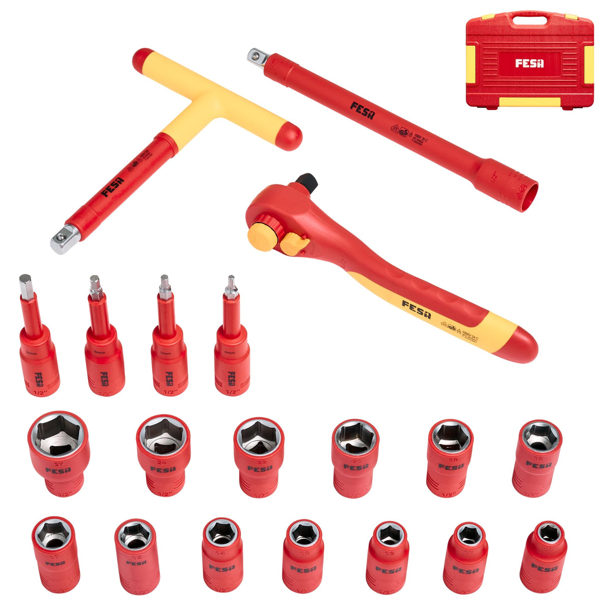 1000V Insulated Electrician Socket and Ratchet Set - 20 Pieces - 1/2" / Case