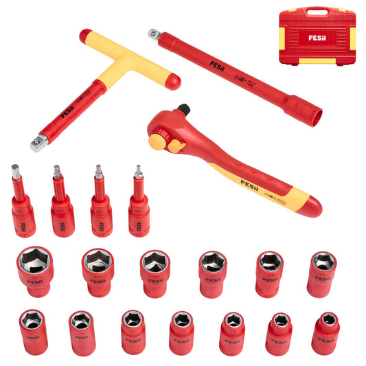 1000V Insulated Electrician Socket and Ratchet Set - 20 Pieces - 1/2" / Case