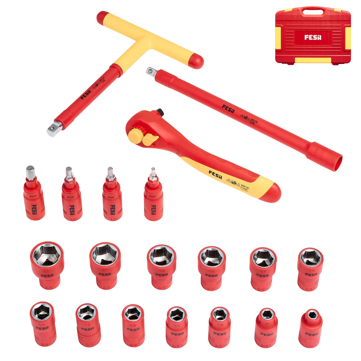 1000V Insulated Electrician Socket and Ratchet Set - 20 Pieces - 3/8" / Case