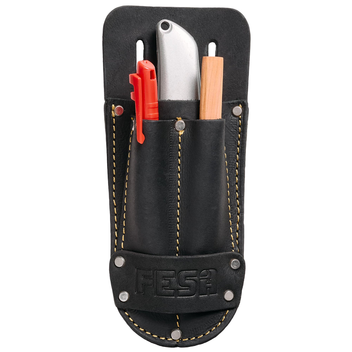 Leather Utility Knife Pouch - Top Grain Leather Knife Pouch for Belt with 2 Pen/Pencil Pockets & Heavy Duty Reinforced Rivets - Fits Belts up to 2" - Handcrafted - Black