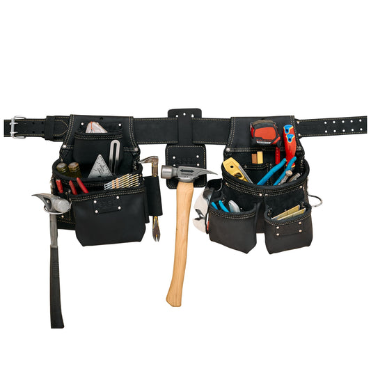 Leather Tool Belt for Men with Framers & Fastener Pouches, Hammer Holder & 3"-Wide Tool Belt (Adjustable 34"-44") - 4-Piece Carpenter Rig with 22 Pockets & Attachment Points - Handcrafted - Black