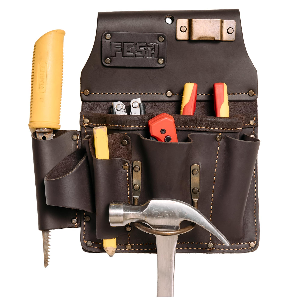 Leather Drywaller's Tool Pouch - 10-in-1 Heavy Top Grain Leather Drywall Pouch with Steel Hammer Loop & Tape Measure Clip - Leather Tool Pouch Fits Belts up to 3" - Handcrafted - Brown