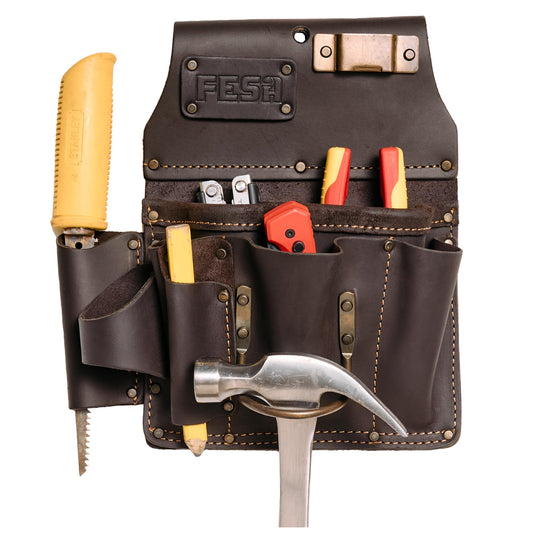 Leather Drywaller's Tool Pouch - 10-in-1 Heavy Top Grain Leather Drywall Pouch with Steel Hammer Loop & Tape Measure Clip - Leather Tool Pouch Fits Belts up to 3" - Handcrafted - Brown