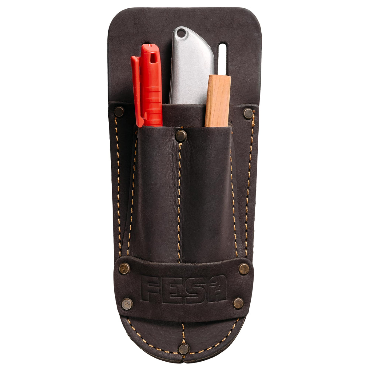Leather Utility Knife Pouch - Top Grain Leather Knife Pouch for Belt with 2 Pen/Pencil Pockets & Heavy Duty Reinforced Rivets - Fits Belts up to 2" - Handcrafted - Brown