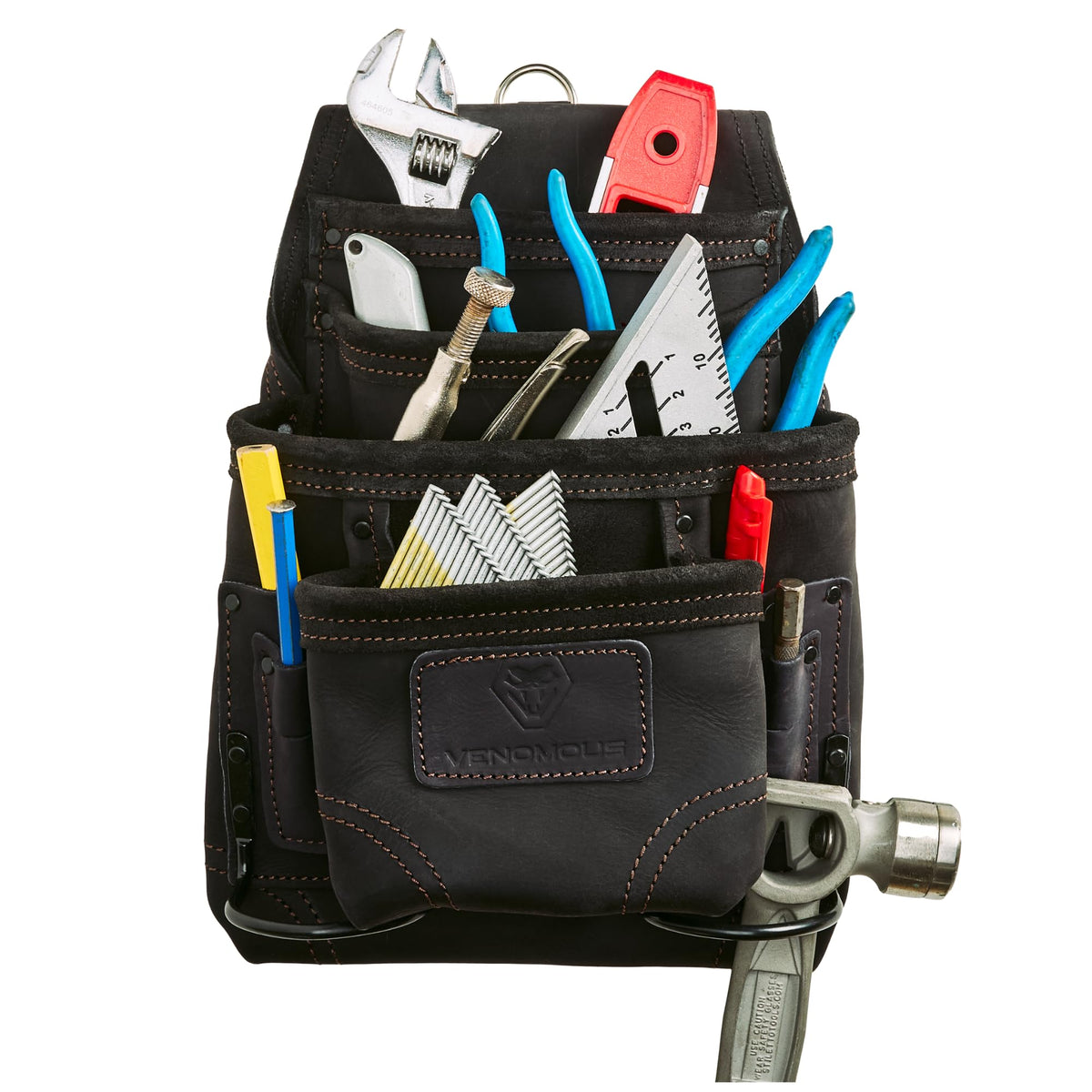 Leather Carpenter Tool Pouch - 10-Pocket Top Grain Leather - Black / Standard