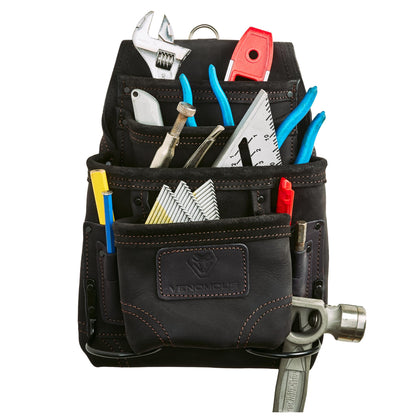 Leather Carpenter Tool Pouch - 10-Pocket Top Grain Leather - Black / Standard