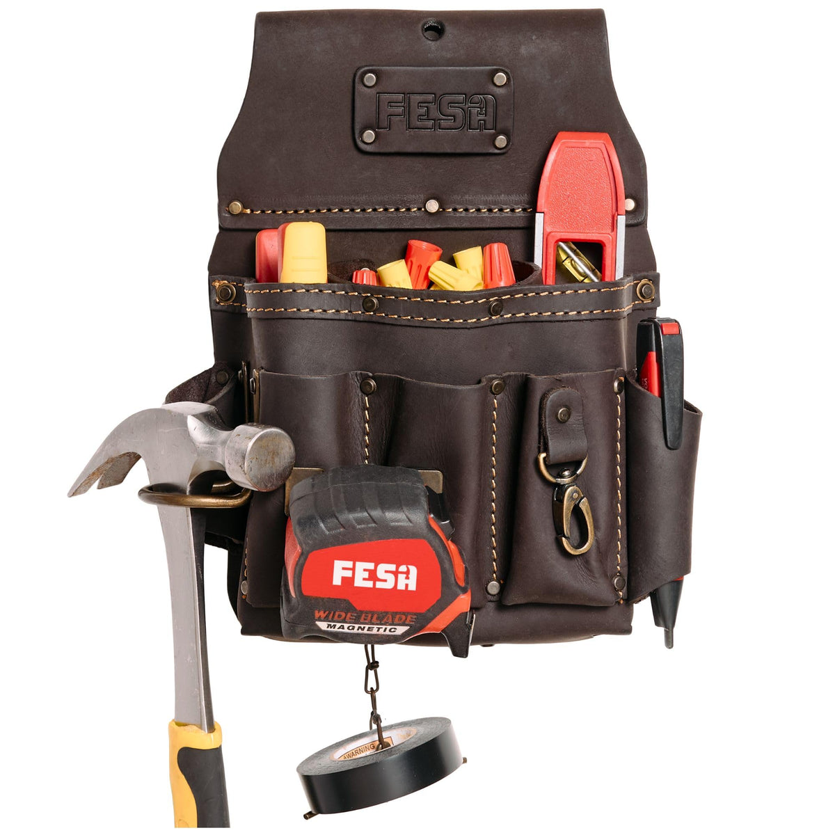 Leather Electrician Tool Pouch - 13-in-1 Top Grain Leather Electrician Pouch w/ Steel Hammer Loop, Tape Measure Clip, Tape T-Chain & 6 Pockets - Fits Belts up to 3" - Handcrafted - Brown / Standard