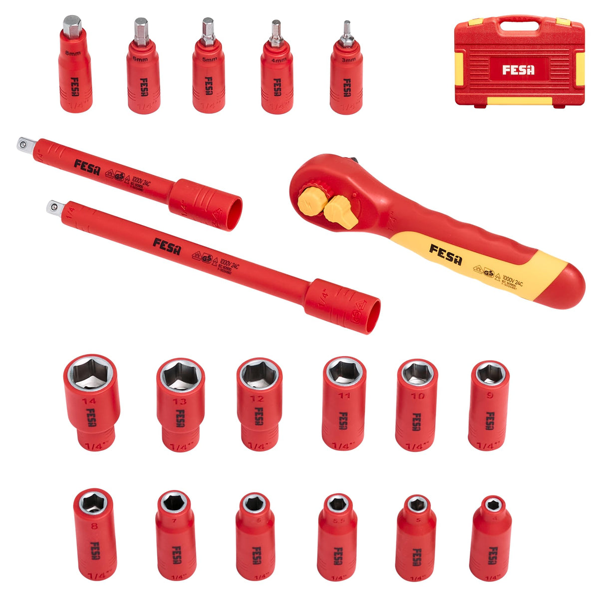 1000V Insulated Electrician Socket and Ratchet Set - 20 Pieces - 1/4" / Case