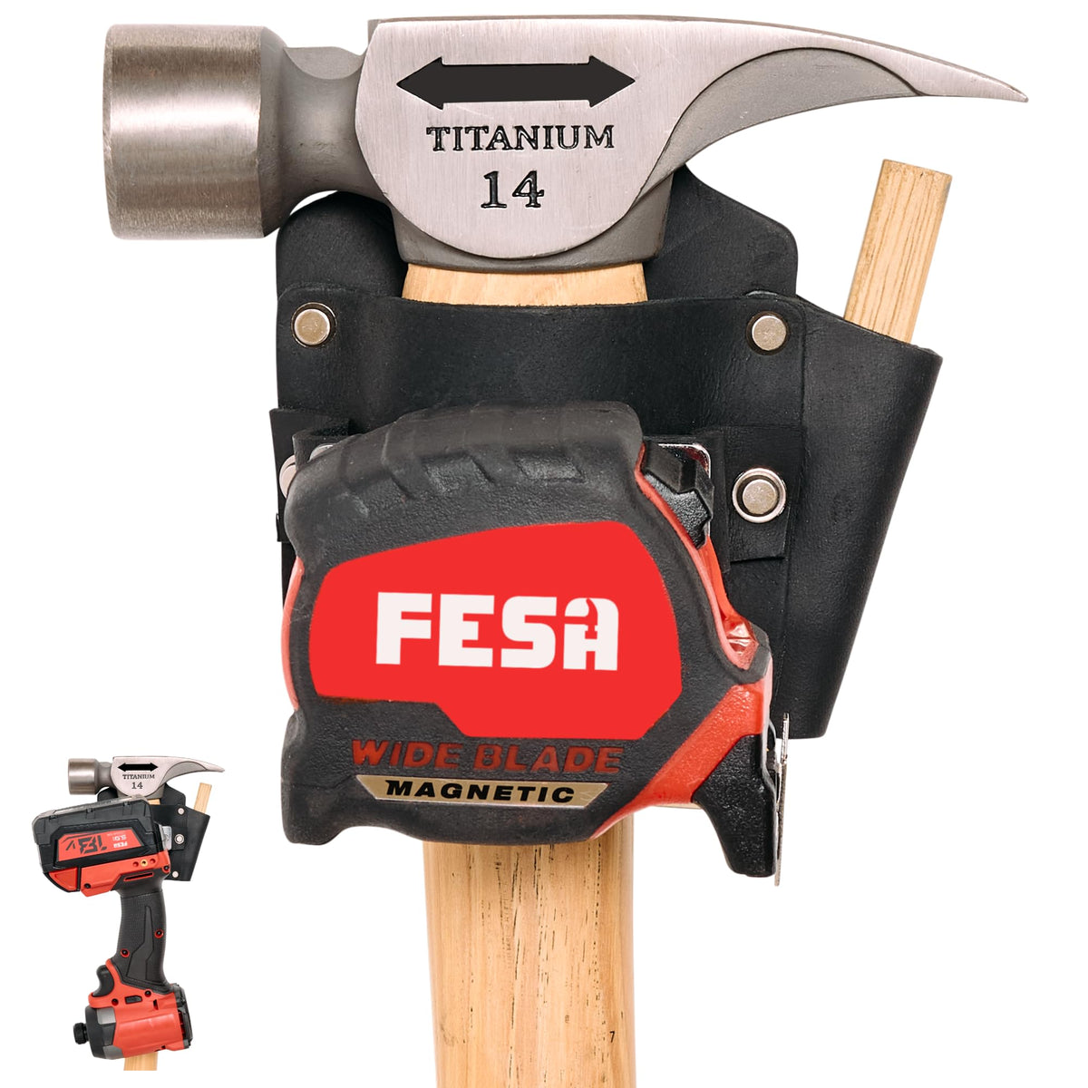 Leather Tool Holder for DeWalt and Milwaukee Tools - Black / Hammer and Tape Holder