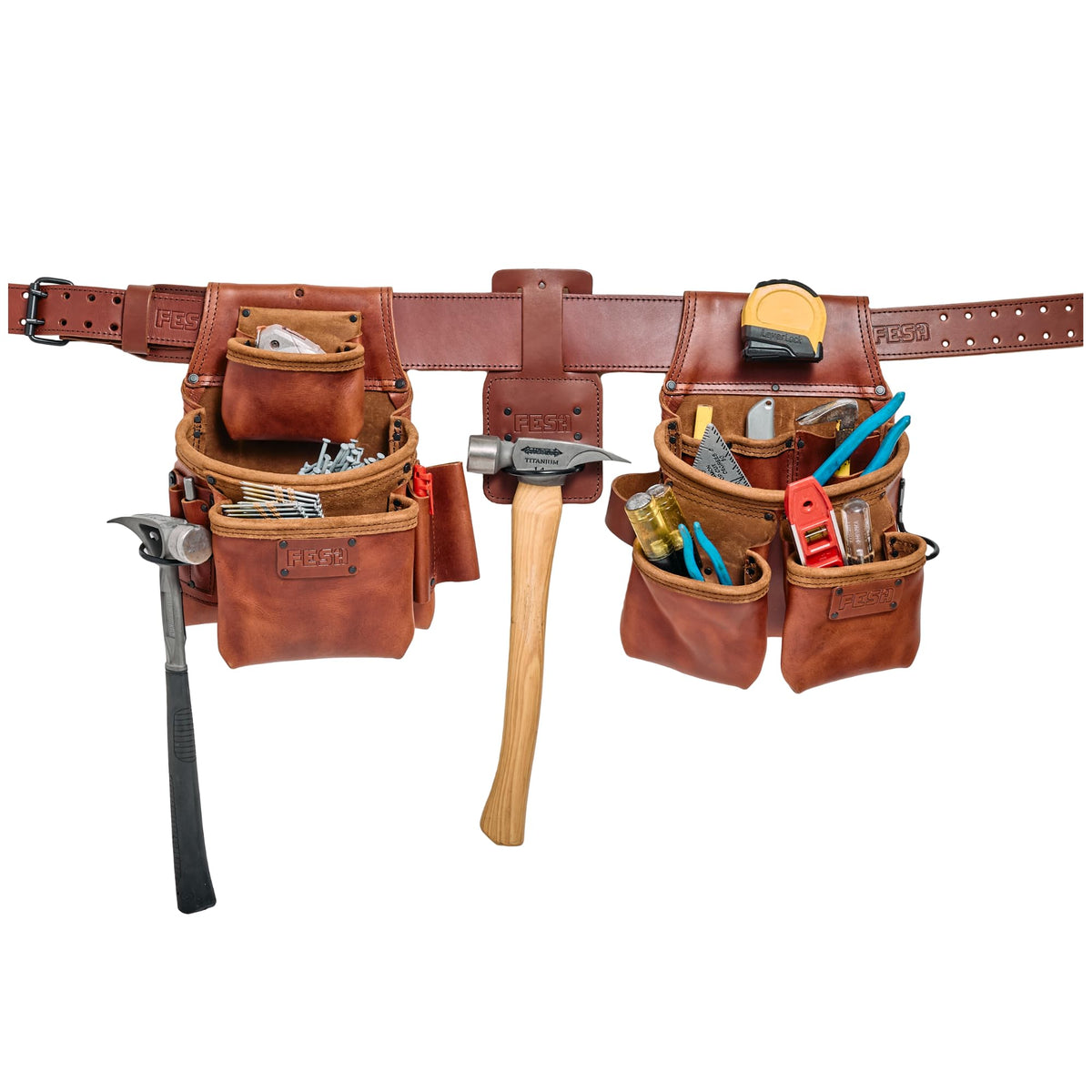 Leather Tool Belt for Men with Framers & Fastener Pouches, Hammer Holder & 3"-Wide Tool Belt (Adjustable 34"-44") - 4-Piece Carpenter Rig with 22 Pockets & Attachment Points - Handcrafted - Cherry
