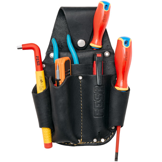 Leather Electrician Tool Pouch - Pocket Caddy Clip On Tool Pouch with Voltage Test Meter Pocket & 5 Other Compartments - Easy On & Off - Fits Belts up to 3" Wide - Handcrafted - Black