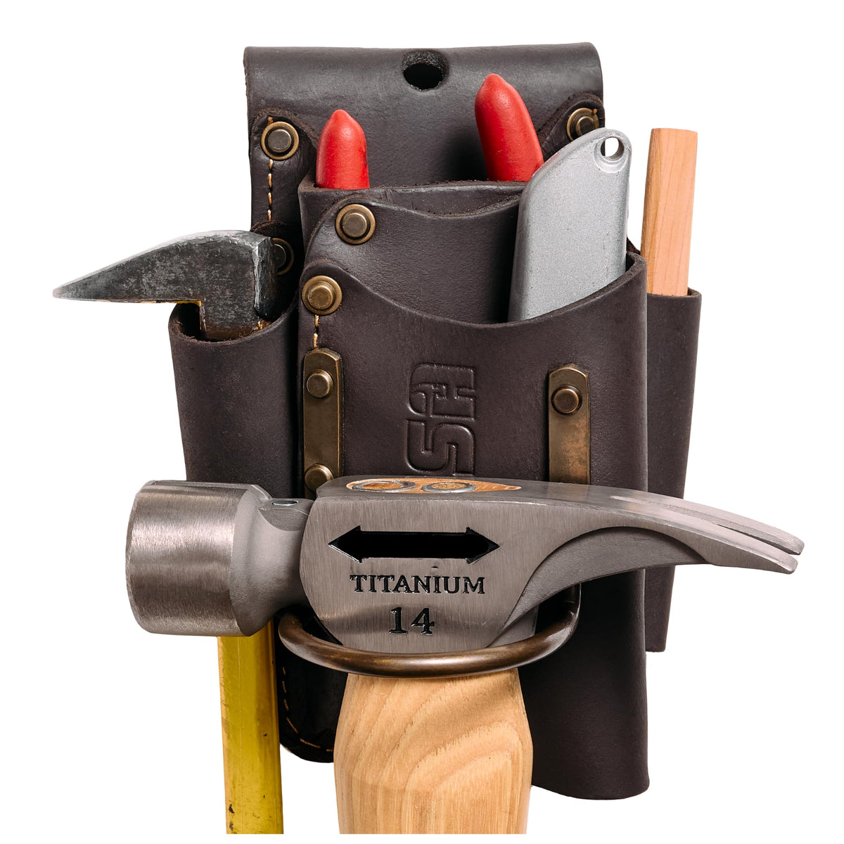 Small Leather Tool Pouch - 5-in-1 Heavy Top Grain Leather Small Tool Pouch with a Steel Hammer Loop, 4 Pockets & Reinforced Heavy Duty Rivets - Fits Belts up to 3" - Handcrafted - Brown
