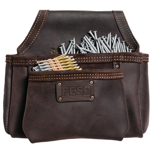 2 Pocket Nail Pouch for Tool Belts - Leather Screw Pouch with 2 Extra Large Pockets for Fasteners - Heavy Duty Rivets & Stitching - Fits Tool Belts up to 3" - Handcrafted - Brown