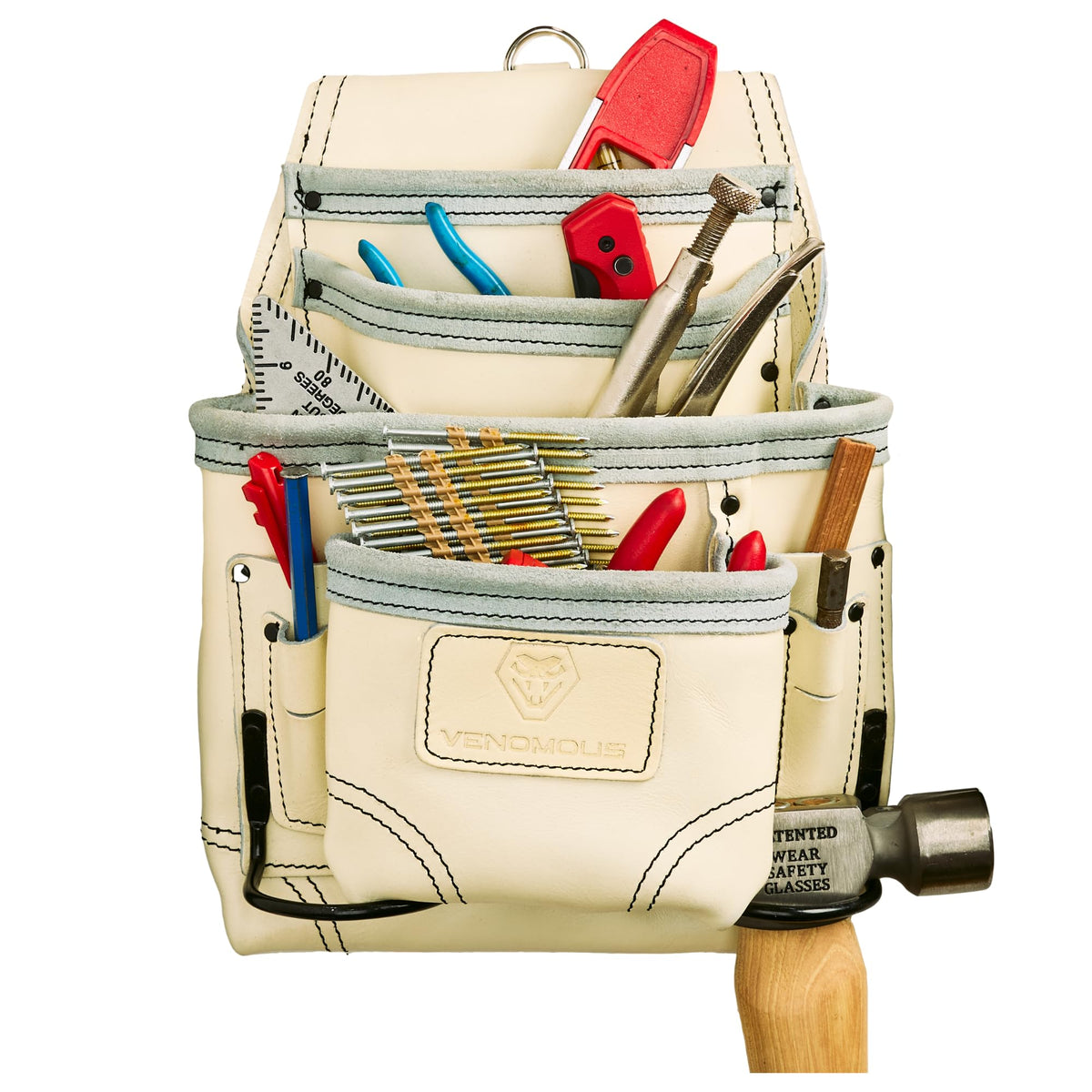 Leather Carpenter Tool Pouch - 10-Pocket Top Grain Leather - White / Standard