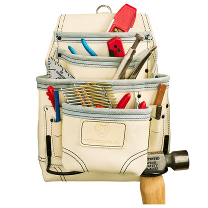 Leather Carpenter Tool Pouch - 10-Pocket Top Grain Leather - White / Standard