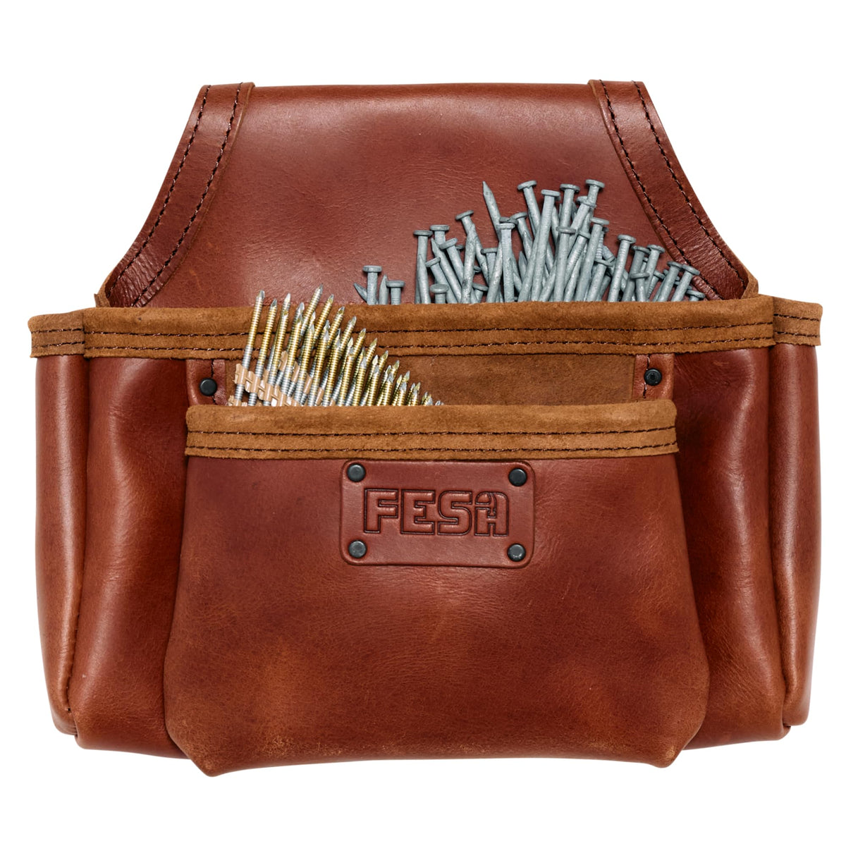 2 Pocket Nail Pouch for Tool Belts - Leather Screw Pouch with 2 Extra Large Pockets for Fasteners - Heavy Duty Rivets & Stitching - Fits Tool Belts up to 3" - Handcrafted - Cherry