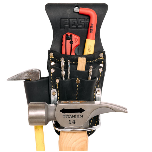Tool Belt Hammer Holder - Leather Multitool, Pliers & Hammer Holster with Pockets for Drill Bits or Markers - Heavy Duty Small Tool Pouch for Carpenters - Clip On Any Belt - Handcrafted - Black