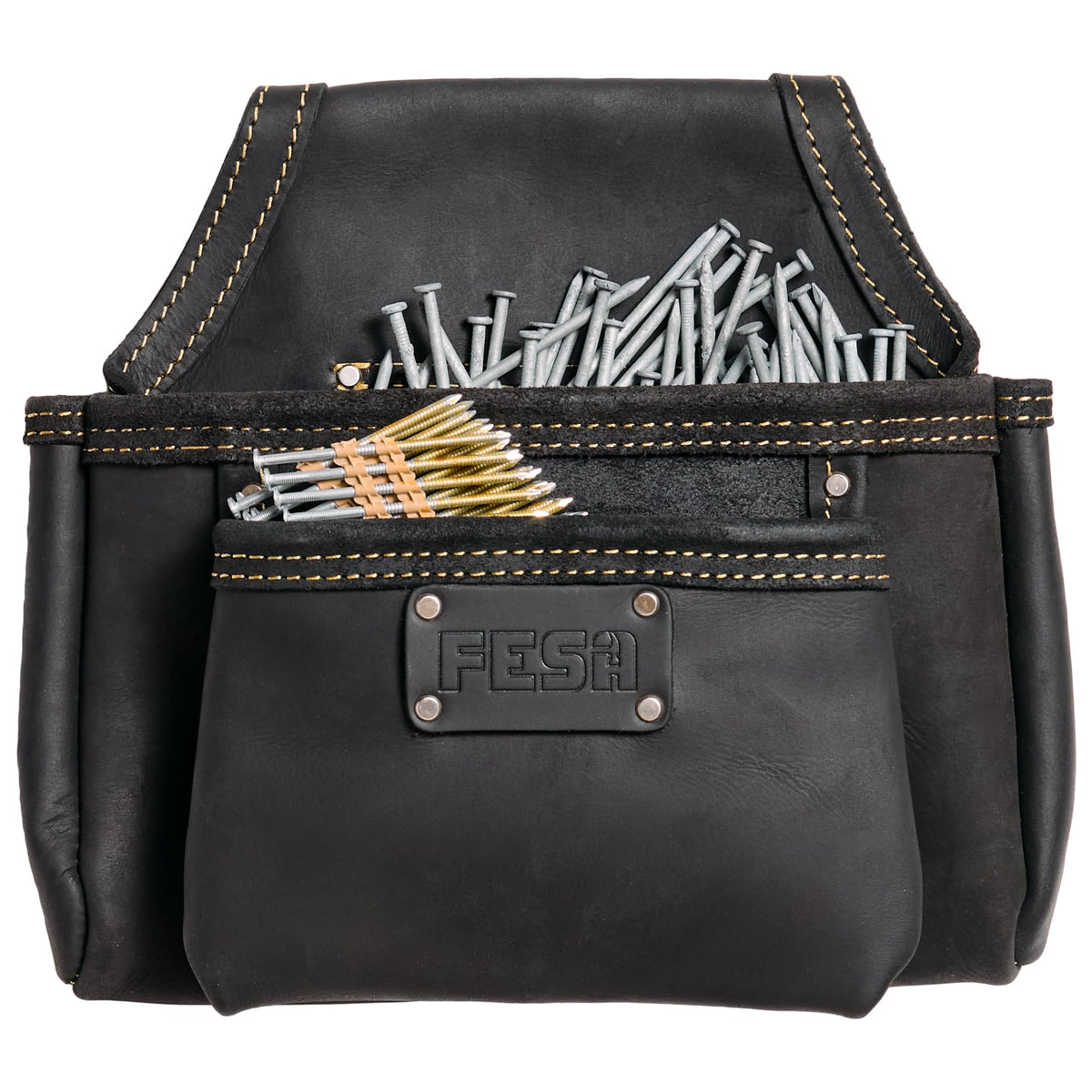 2 Pocket Nail Pouch for Tool Belts - Leather Screw Pouch with 2 Extra Large Pockets for Fasteners - Heavy Duty Rivets & Stitching - Fits Tool Belts up to 3" - Handcrafted - Black
