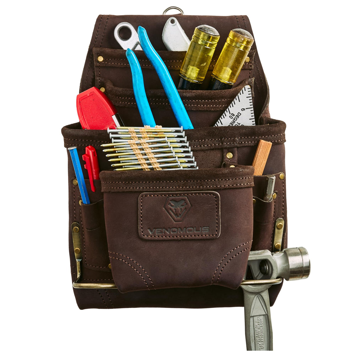 Leather Carpenter Tool Pouch - 10-Pocket Top Grain Leather - Brown / Standard