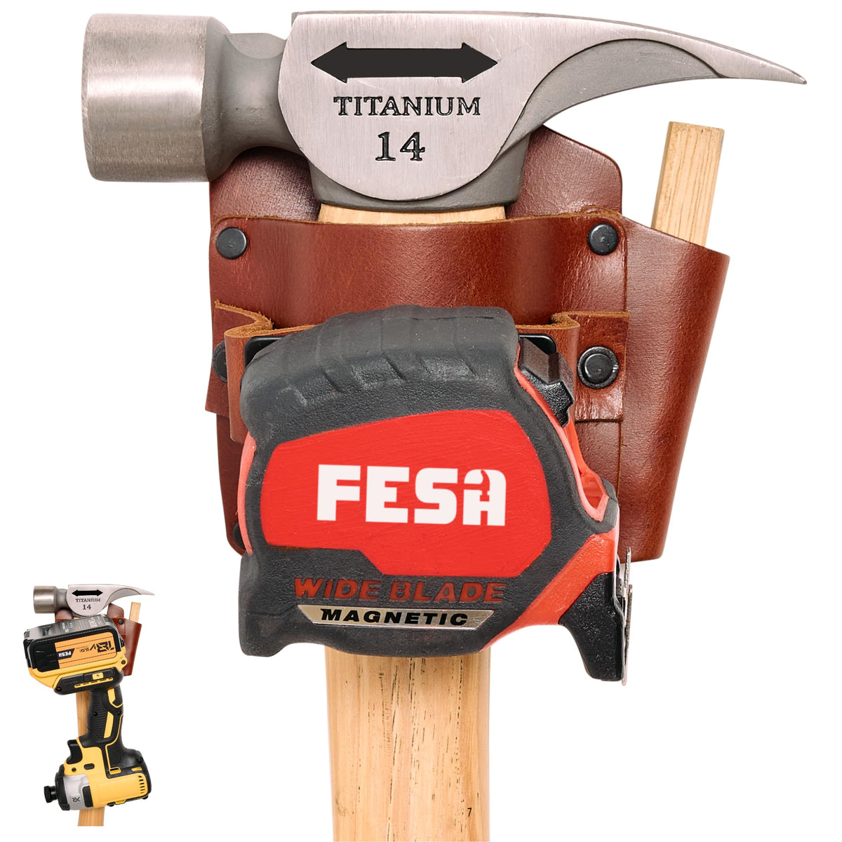 Leather Tool Holder for DeWalt and Milwaukee Tools - Cherry / Hammer and Tape Holder