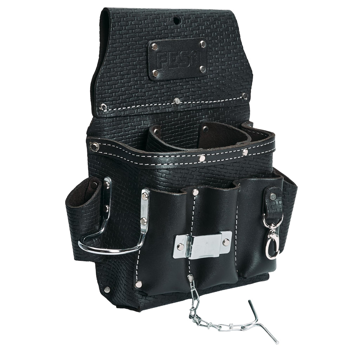 Leather Electrician Tool Pouch - 13-in-1 Top Grain Leather Electrician Pouch w/ Steel Hammer Loop, Tape Measure Clip, Tape T-Chain & 6 Pockets - Fits Belts up to 3" - Handcrafted - Black / Embossed