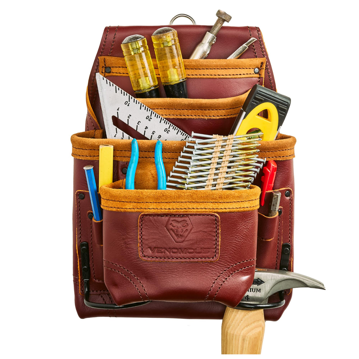 Leather Carpenter Tool Pouch - 10-Pocket Top Grain Leather - Cherry / Standard
