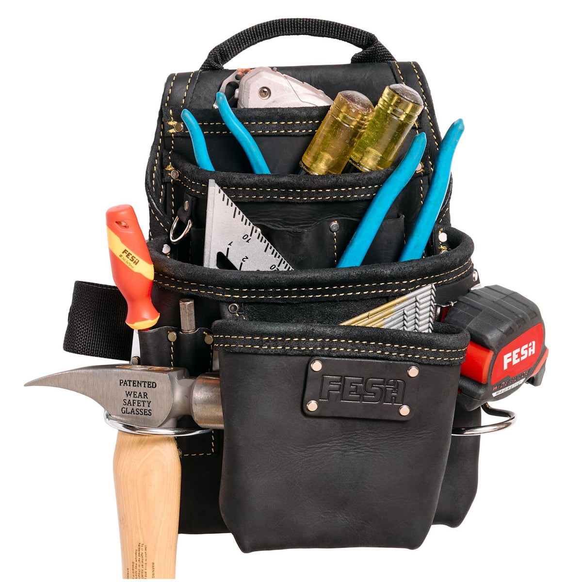 Leather Carpenter Tool Pouch - 10-Pocket Top Grain Leather - Black / With Tape Clip
