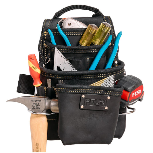 Leather Carpenter Tool Pouch - 10-Pocket Top Grain Leather - Black / With Tape Clip