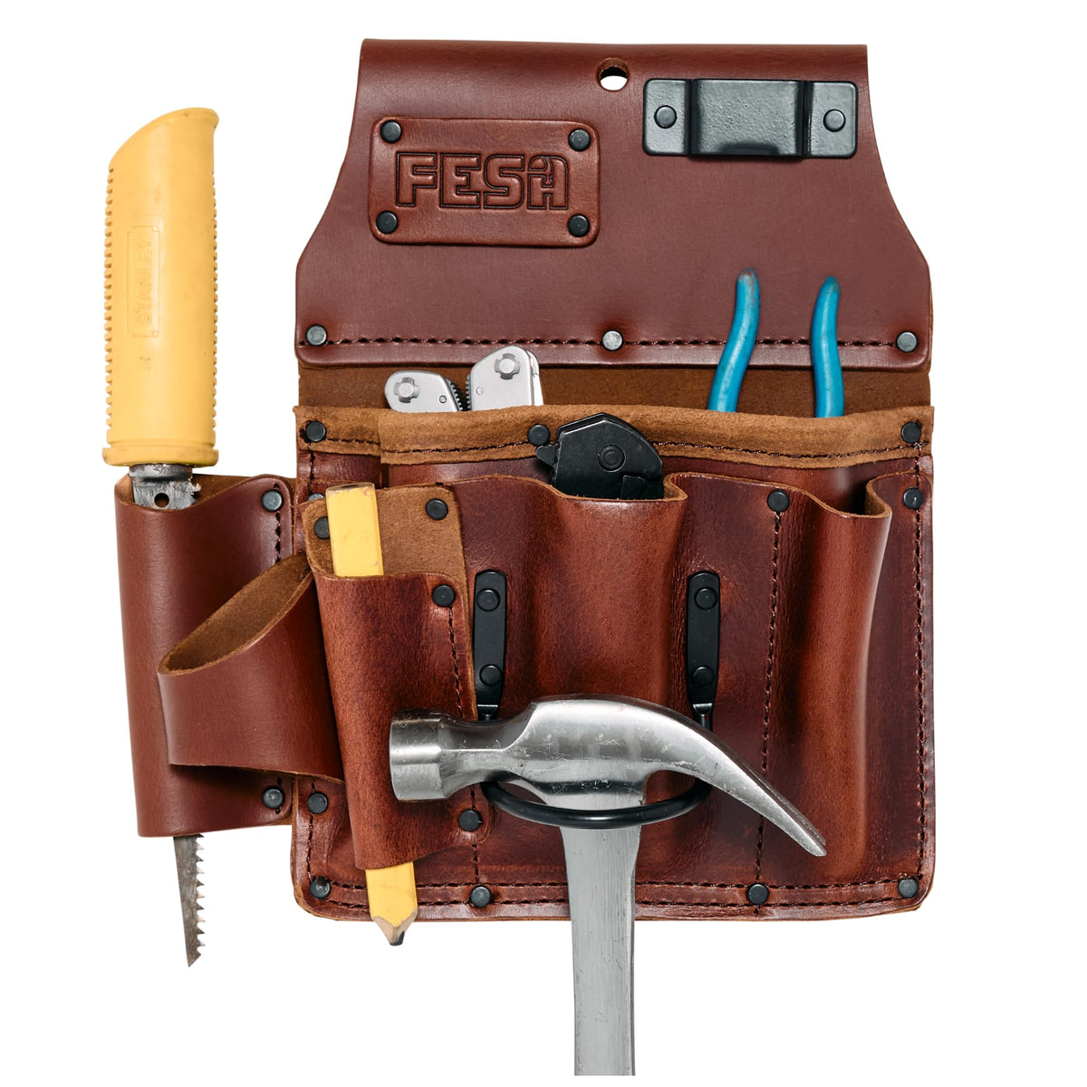 Leather Drywaller's Tool Pouch - 10-in-1 Heavy Top Grain Leather Drywall Pouch with Steel Hammer Loop & Tape Measure Clip - Leather Tool Pouch Fits Belts up to 3" - Handcrafted - Cherry