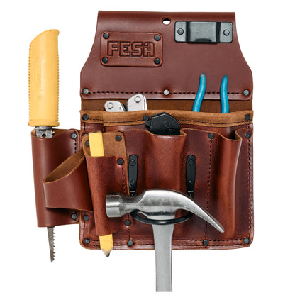Leather Drywaller's Tool Pouch - 10-in-1 Heavy Top Grain Leather Drywall Pouch with Steel Hammer Loop & Tape Measure Clip - Leather Tool Pouch Fits Belts up to 3" - Handcrafted - Cherry