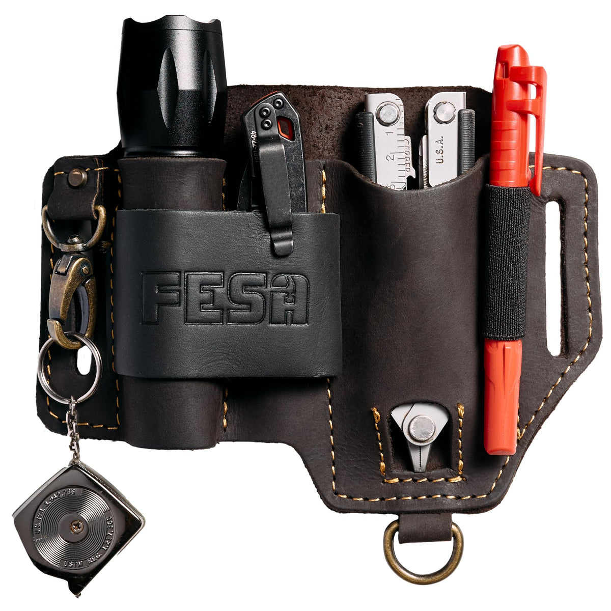 Leather Multitool Sheath for Belt - Leather EDC Pouch Organizer for Tactical Pocket Knife, Flashlight & Pen - With Swivel Snap Hook - Work & Everyday Use Utility EDC Belt Pouch for Men - Brown