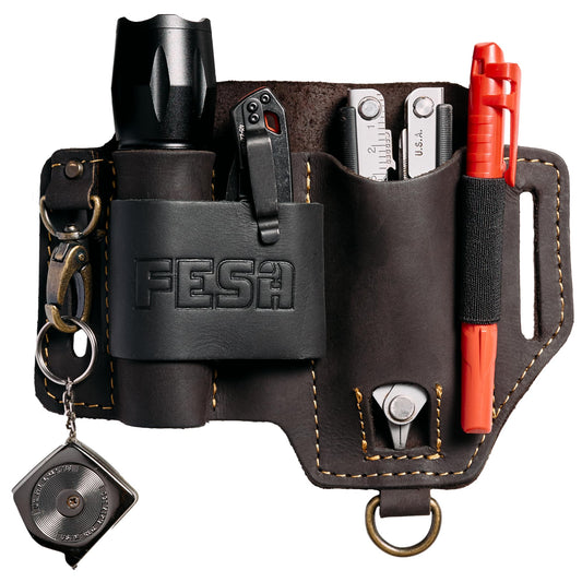 Leather Multitool Sheath for Belt - Leather EDC Pouch Organizer for Tactical Pocket Knife, Flashlight & Pen - With Swivel Snap Hook - Work & Everyday Use Utility EDC Belt Pouch for Men - Brown