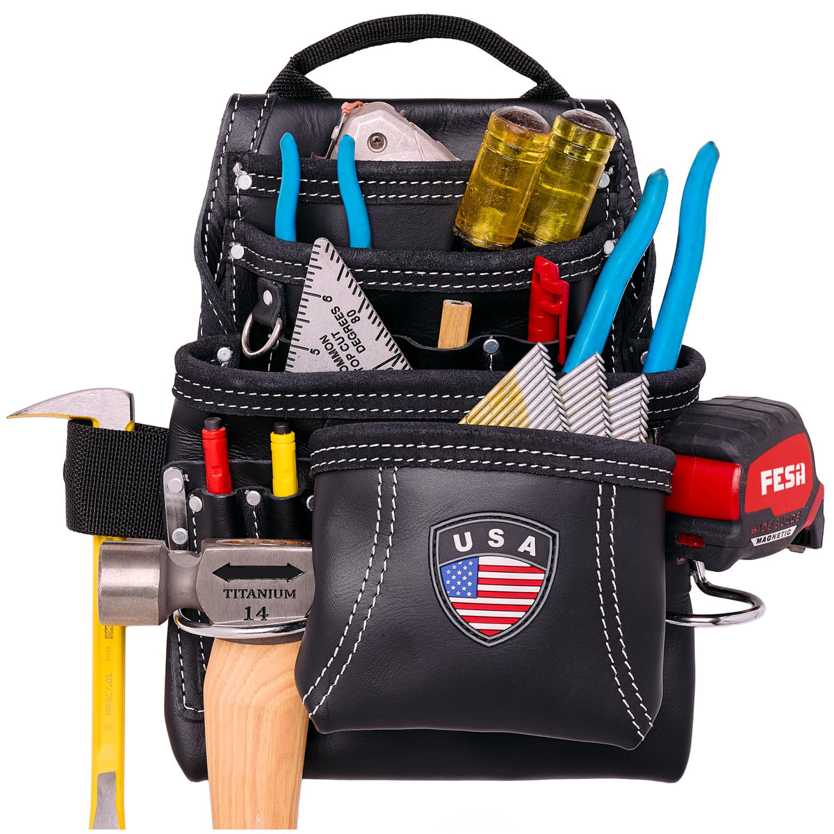 Leather Carpenter Tool Pouch - 10-Pocket Top Grain Leather - Black / USA