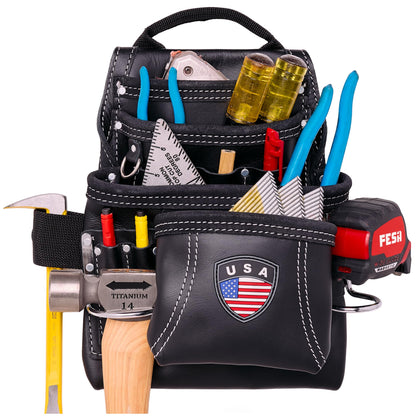 Leather Carpenter Tool Pouch - 10-Pocket Top Grain Leather - Black / USA